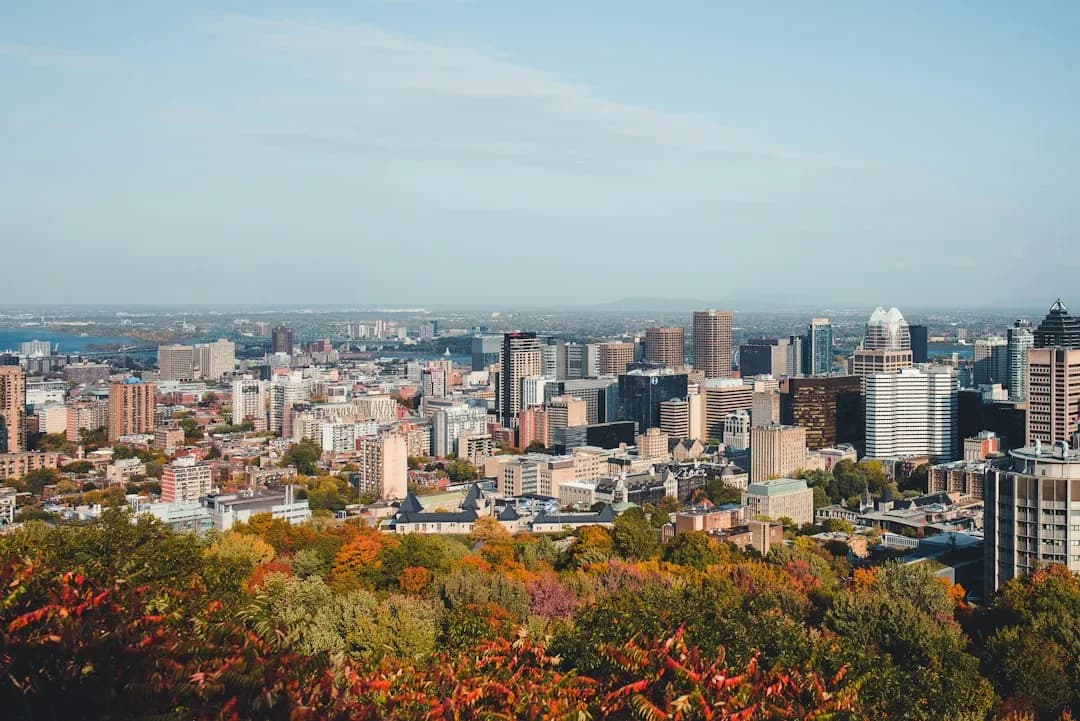 Vista panorâmica de Montréal com árvores de outono em primeiro plano