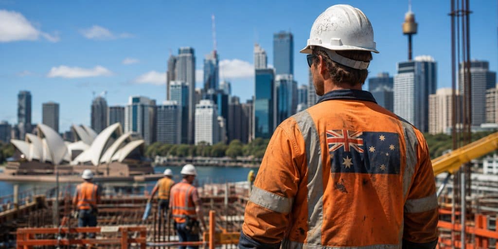 Worker wearing a hard hat and orange workwear, with the Sydney Opera House in the background.