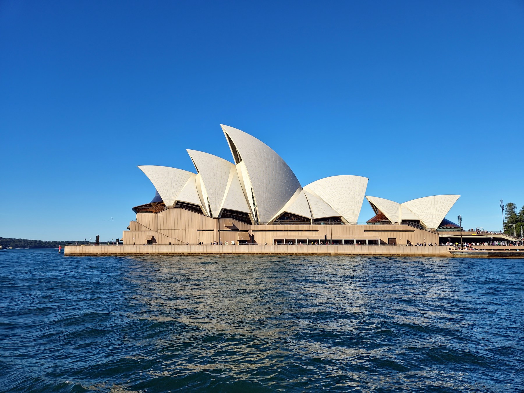 L’Òpera de Sydney al costat de l’aigua, sota un cel blau